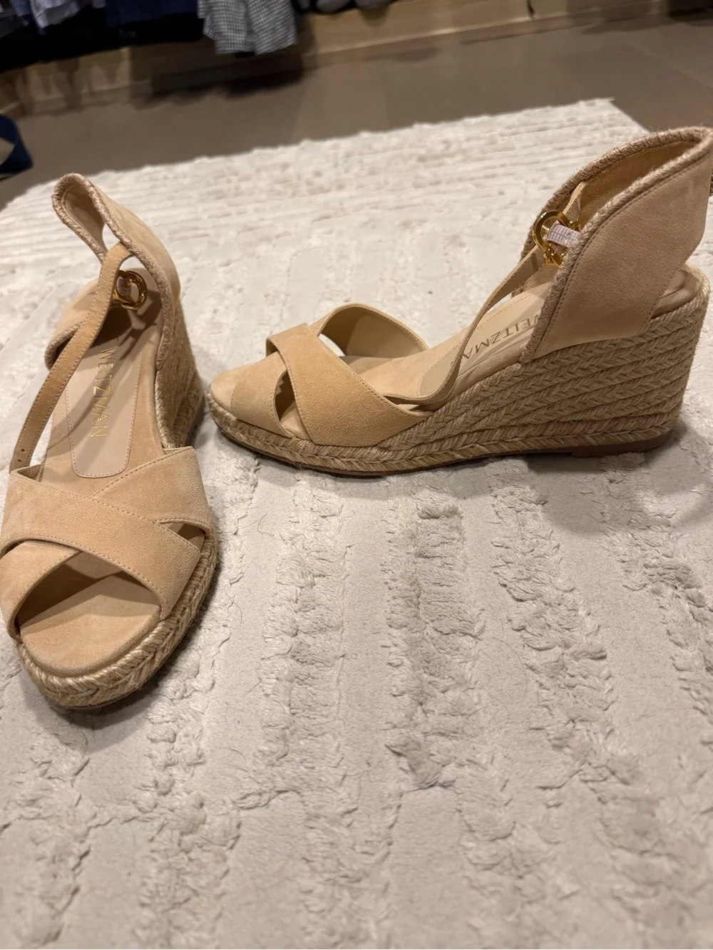 Stuart Weitzman Tan Suede Espadrille Wedge Sandals - Picture 1 of 4